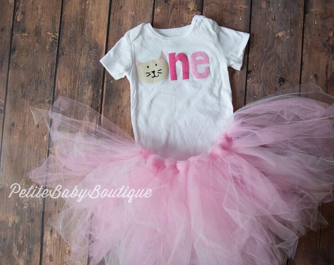 Kitten 1st Birthday Outfit! Gold kitten one First Birthday Outfit with matching pink tutu!