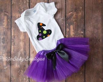 Witch Halloween outfit with matching purle and black tutu / purple and black baby girl witch costume / halloween tutu /  haloween headband