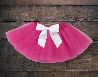 Fuchsia Baby Tutu: Removable White Satin Bow, Infant Toddler Skirt