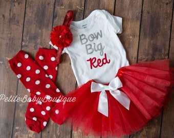 Bow Big Red! silver and red Bow Big Red bodysuit with matching sparkly headband, polka dot leg warmers  and red tutu with white bow!
