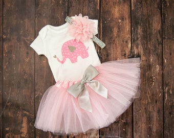 Pink Elephant Baby Outfit: Bodysuit, Tutu & Headband
