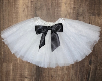 White Infant Tutu with Black Satin Bow: Removable Bow
