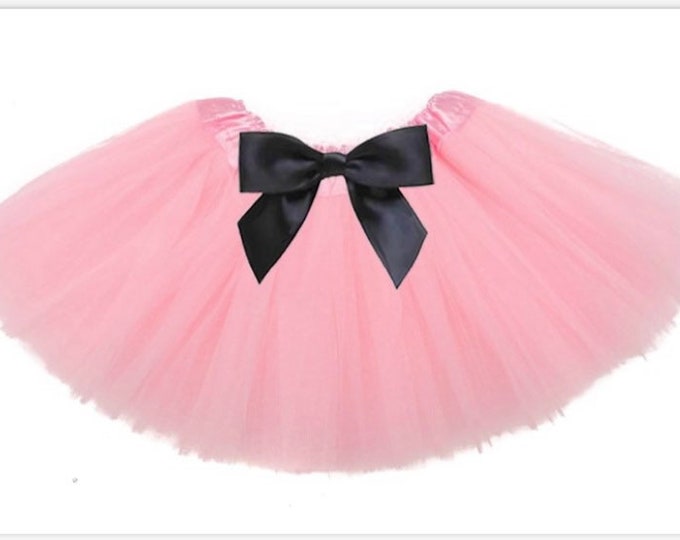 Light Pink infant or toddler tutu with black satin removable or interchangeable bow / powder pink baby tutu / pink and white tutu / newborn