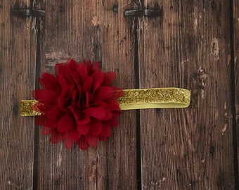 Burgundy Flower Baby Headband / 4" Chiffon Flower on Gold Sparkly Elastic Headband / 5/8" FOE Elastic