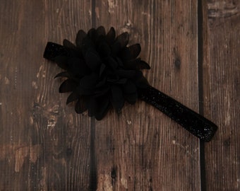 Black Flower Baby Headband / 4" Chiffon Flower on Black Sparkly Elastic Headband / 5/8" FOE Elastic