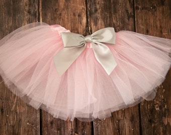 Light Pink baby or toddler tutu with silver satin removable or interchangeable bow / powder pink baby tutu / pink and tutu / newborn tutu