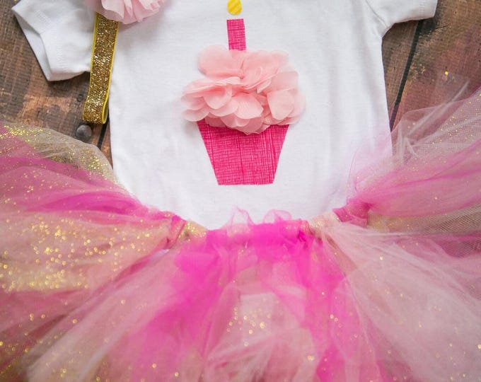 Happy 1st Birthday pink ruffle cupcake outfit with pink and gold sparkly elastic headband and matching tutu!