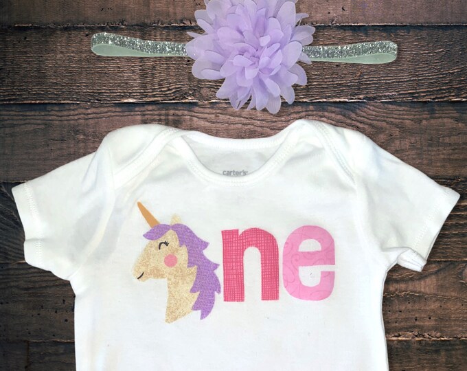 Unicorn first birthday bodysuit with matching headband! Rainbow one First Birthday Outfit! Purple and silver baby headband