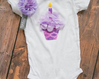 1st Birthday purple ruffle cupcake outfit with purple and silver sparkly elastic headband!
