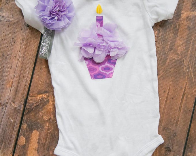 1st Birthday purple ruffle cupcake outfit with purple and silver sparkly elastic headband!