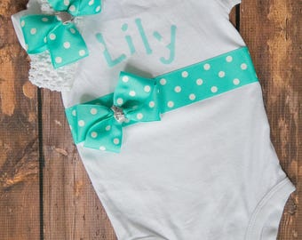 Personalized Name Outfit with teal name and polk a dot sash and matching hair bow!