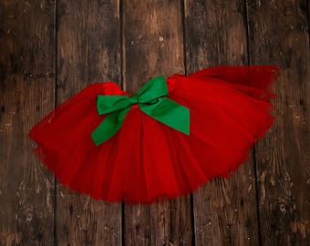 Red baby tutu or toddler tutu with green satin removable interchangeable bow / Red and Green Christmas Tutu / first birthday / newborn tutu