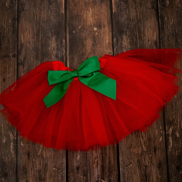 Red baby tutu or toddler tutu with green satin removable interchangeable bow / Red and Green Christmas Tutu / first birthday / newborn tutu