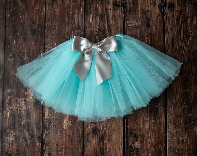 Light blue baby or toddler tutu with silver satin removable or interchangeable bow / teal blue tutu / aqua blue tutu/ newborn tutu