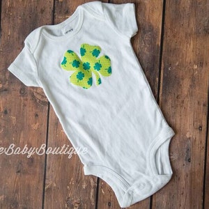 Green shamrock baby bodysuit with green infant tutu St. Patrick's day baby bodysuit Green Clover lime and kelly green 4 leaf clover image 2