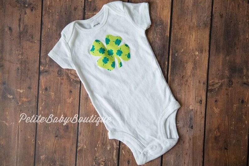 Green shamrock baby bodysuit with green infant tutu St. Patrick's day baby bodysuit Green Clover lime and kelly green 4 leaf clover image 2