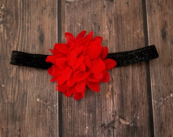 Red Chiffon Flower Baby Headband: Black Sparkly Elastic