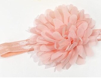 Peach Chiffon Flower Baby Headband / 4" Chiffon Peach Flower on Peach Elastic Headband / 5/8" FOE Elastic