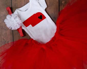 Nebraska State Outline Outfit wih matching red tutu and red and white polka dot elastic headband with large white flower