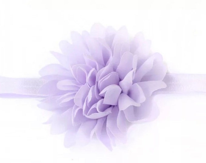 Light Purple Chiffon Flower Baby Headband / 4" Chiffon Lavender Flower on Elastic Headband / 5/8" FOE Elastic Lavender