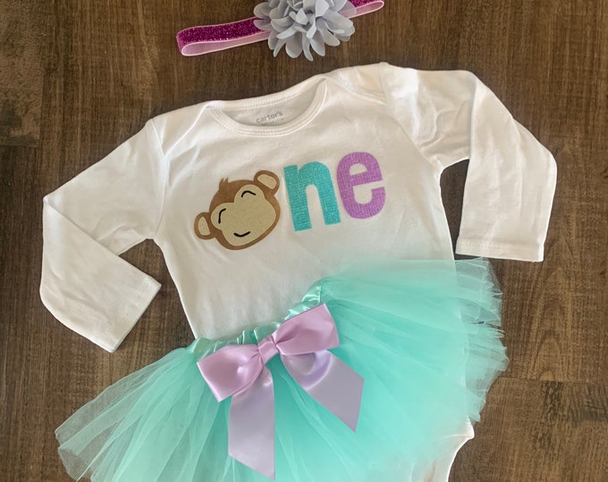 Little Monkey 1st Birthday Purple and Teal Outfit! Monkey First Birthday Bodysuit! Girl Wild One birthday / Girl First birthday blue tutu