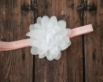 Pink and White Flower Baby Headband / 4" Chiffon White Flower on Light Pink Elastic Headband / 5/8" FOE Elastic