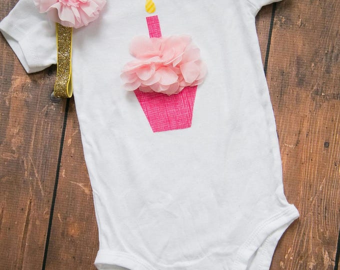 Happy 1st Birthday pink ruffle cupcake outfit with pink and gold sparkly elastic headband!
