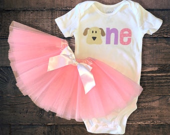 Puppy 1st Birthday Outfit: Dog Bodysuit & Pink Tutu