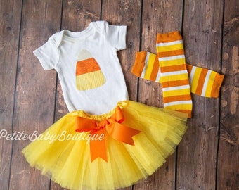 Candy Corn Bodysuit, Tutu, and Leg Warmers Halloween Outfit