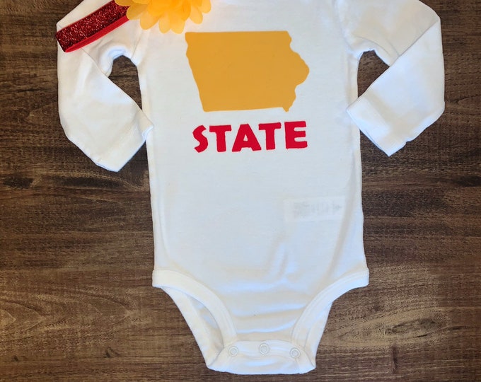Iowa State bodysuit for baby girl! With matching yellow chiffon flower on red elastic sparkly headband. Iowa State baby gift