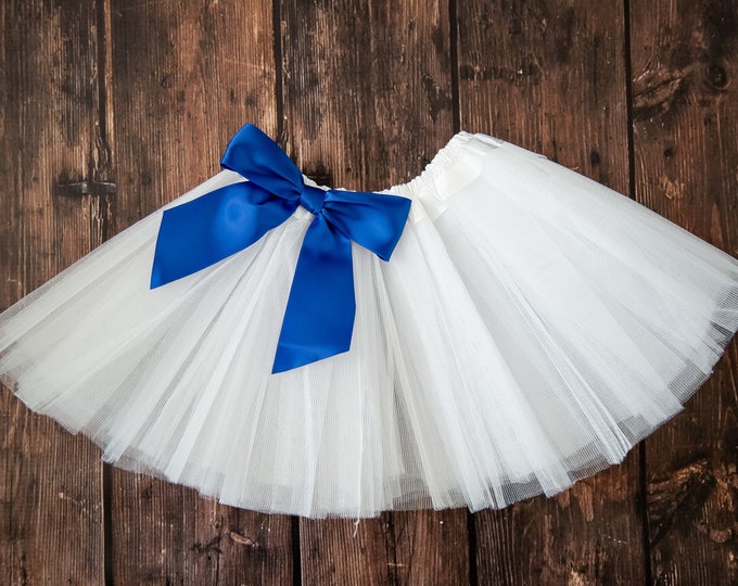 White infant or toddler tutu with royal blue satin removable or interchangeable bow / red white and blue tutu / 4th of July