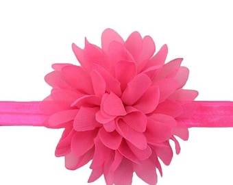 Bubblegum Pink Chiffon Flower Baby Headband / 4" Chiffon Bright Pink Flower on Pink Elastic Headband / 5/8" FOE Elastic Hot Pink