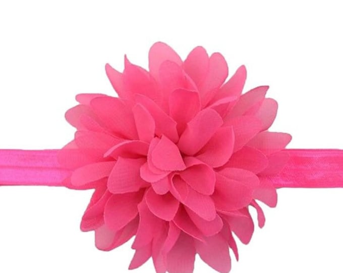 Bubblegum Pink Chiffon Flower Baby Headband / 4" Chiffon Bright Pink Flower on Pink Elastic Headband / 5/8" FOE Elastic Hot Pink