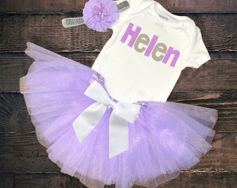 Custom Lavender Tutu Outfit: Personalized Bodysuit & Silver Headband