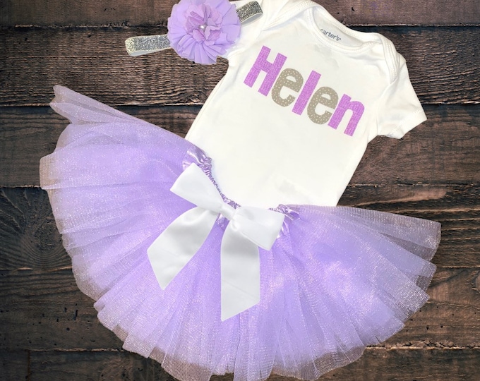 Custom purple and silver Monogrammed Name Outfit! Lavender and Grey Bodysuit Tutu and Headband Set! Sparkly silver headband