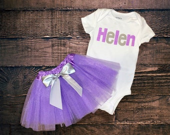 Custom purple and silver Personalized Name Outfit! Lavender and Grey Bodysuit and Tutu Set!