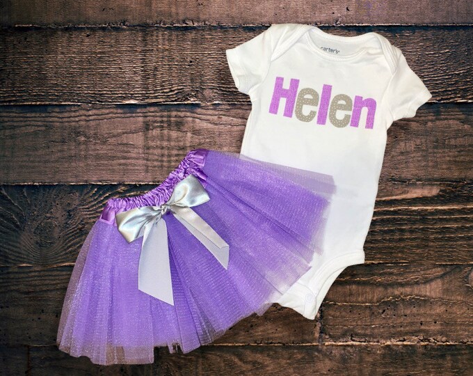 Custom purple and silver Personalized Name Outfit! Lavender and Grey Bodysuit and Tutu Set!