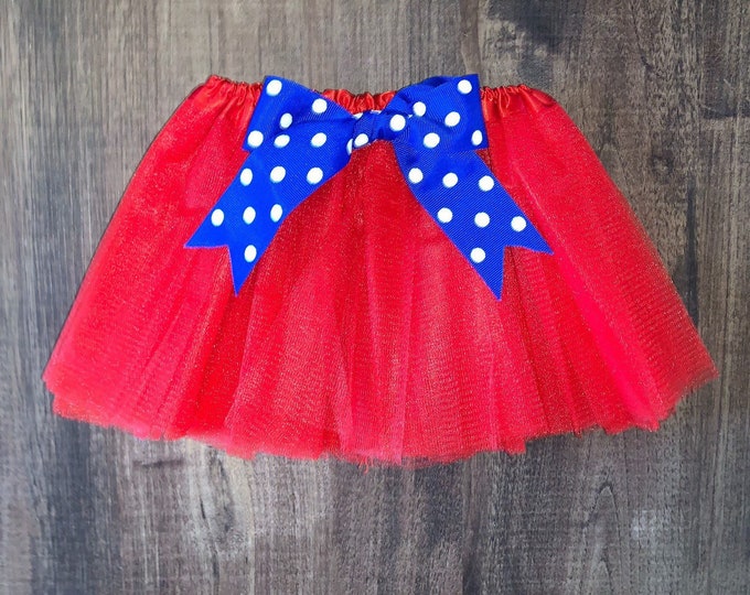 Red infant or toddler tutu with blue and white polkadot removable or interchangeable bow / red white and blue tutu / 4th of July