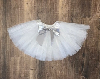 White Infant Tutu: Silver Satin Bow, Cake Smash Outfit