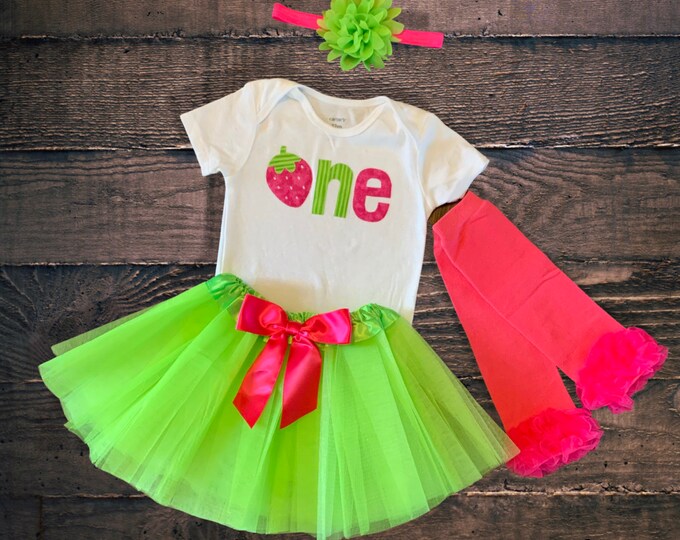 Berry Sweet One Strawberry 1st Birthday Bodysuit, Tutu, Headband and Leg Warmer Outfit Set! Pink and Green one First Birthday Outfit!
