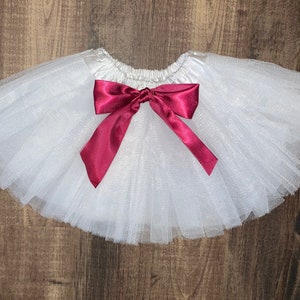 White infant or toddler tutu with burgundy satin removable or interchangeable bow / white and burgundy tutu / wine colored tutu