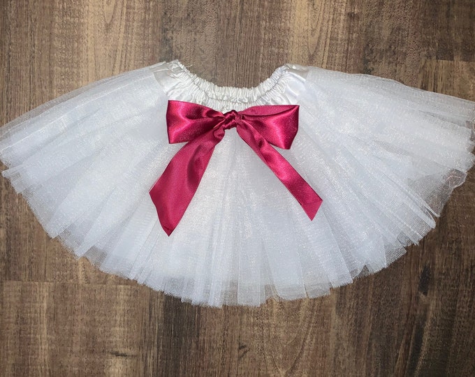 White infant or toddler tutu with burgundy satin removable or interchangeable bow / white and burgundy tutu / wine colored tutu