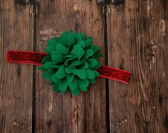 Baby Christmas Red and Green Flower Baby Headband / 4" Chiffon Kelly Green Flower on Red Sparkly Elastic Headband / 5/8" FOE Elastic