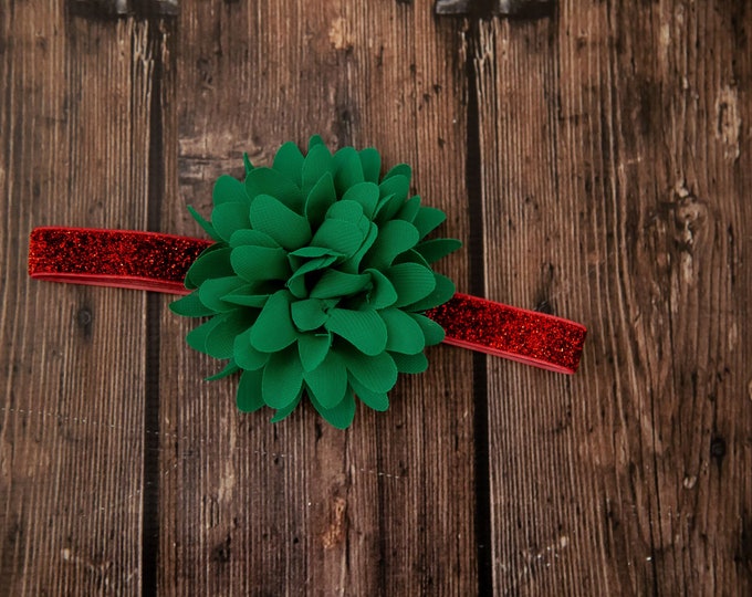 Baby Christmas Red and Green Flower Baby Headband / 4" Chiffon Kelly Green Flower on Red Sparkly Elastic Headband / 5/8" FOE Elastic