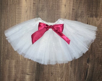 White Infant Tutu: Burgundy Satin Bow, Removable Bow