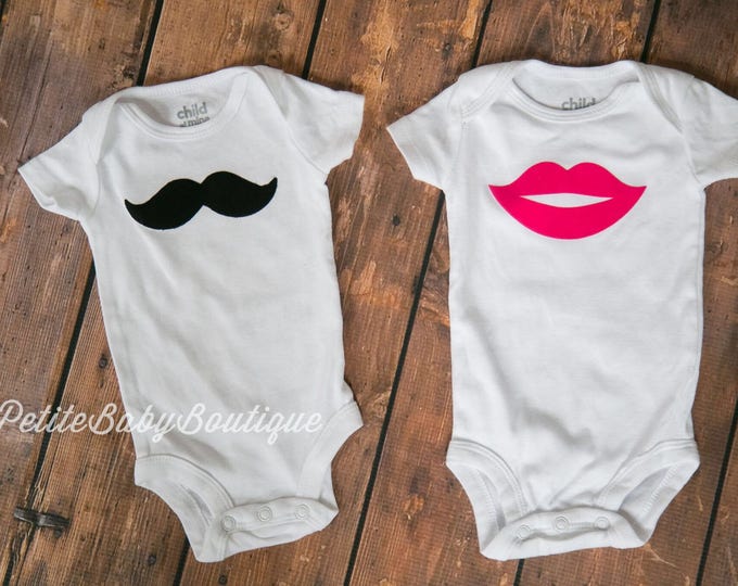 Mustache and Lips Twin Boy/Girl Baby Bodysuits! Coming home outfits/ Boy/Girl twins / hospital outfit / baby shower gift for twins