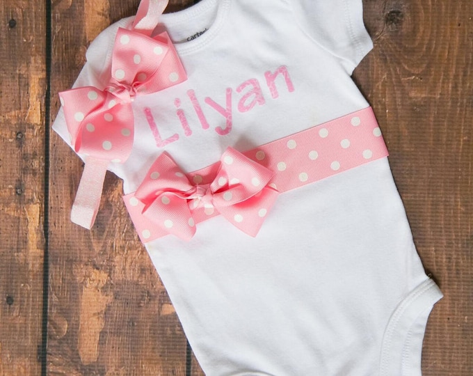 Personalized Name Outfit with light pink name and pink polk a dot ribbon sash and matching hair bow! Hospital Outfit / Coming home outfit