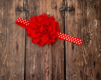 Red Flower Baby Headband / 4" Chiffon Flower on Red and White Polka Dot Elastic Headband / 5/8" FOE Elastic / Red and White Polkadot Elastic