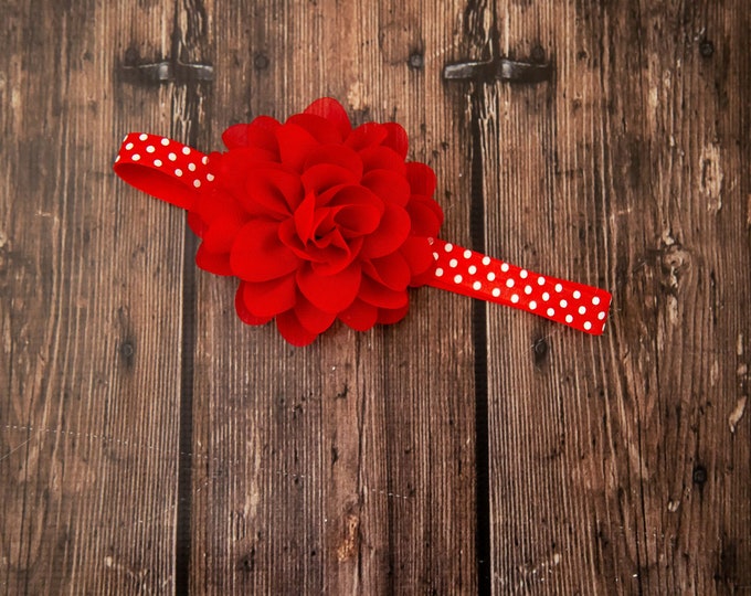 Red Flower Baby Headband / 4" Chiffon Flower on Red and White Polka Dot Elastic Headband / 5/8" FOE Elastic / Red and White Polkadot Elastic