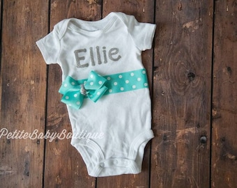 Personalized Name Outfit with silver name and teal polk a dot sash!